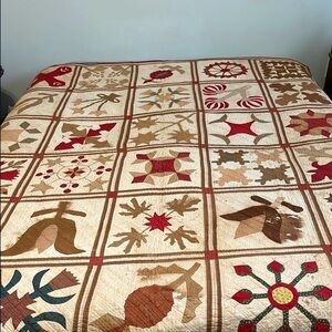Handmade Patchwork Quilt in Cream, Brown, and Red, green 1897